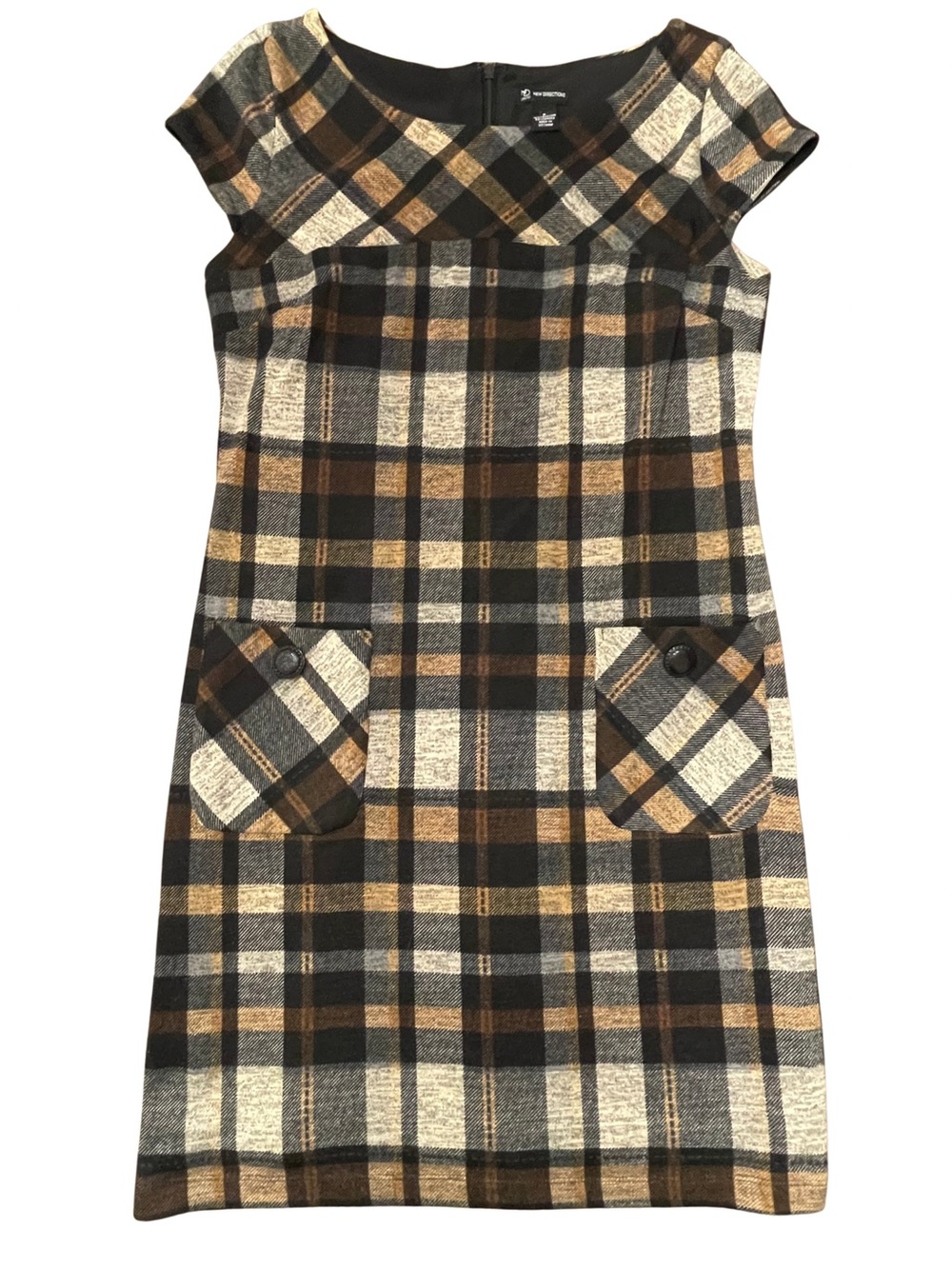 new directions Brown and Black Plaid Short-Sleeve Shift Dress